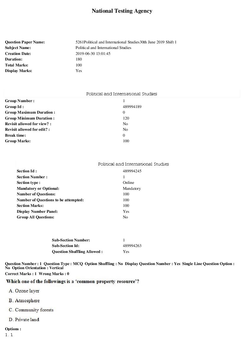 ARPIT 2019 Question Paper for Political and International Studies Shift 1 - Page 1 of 35