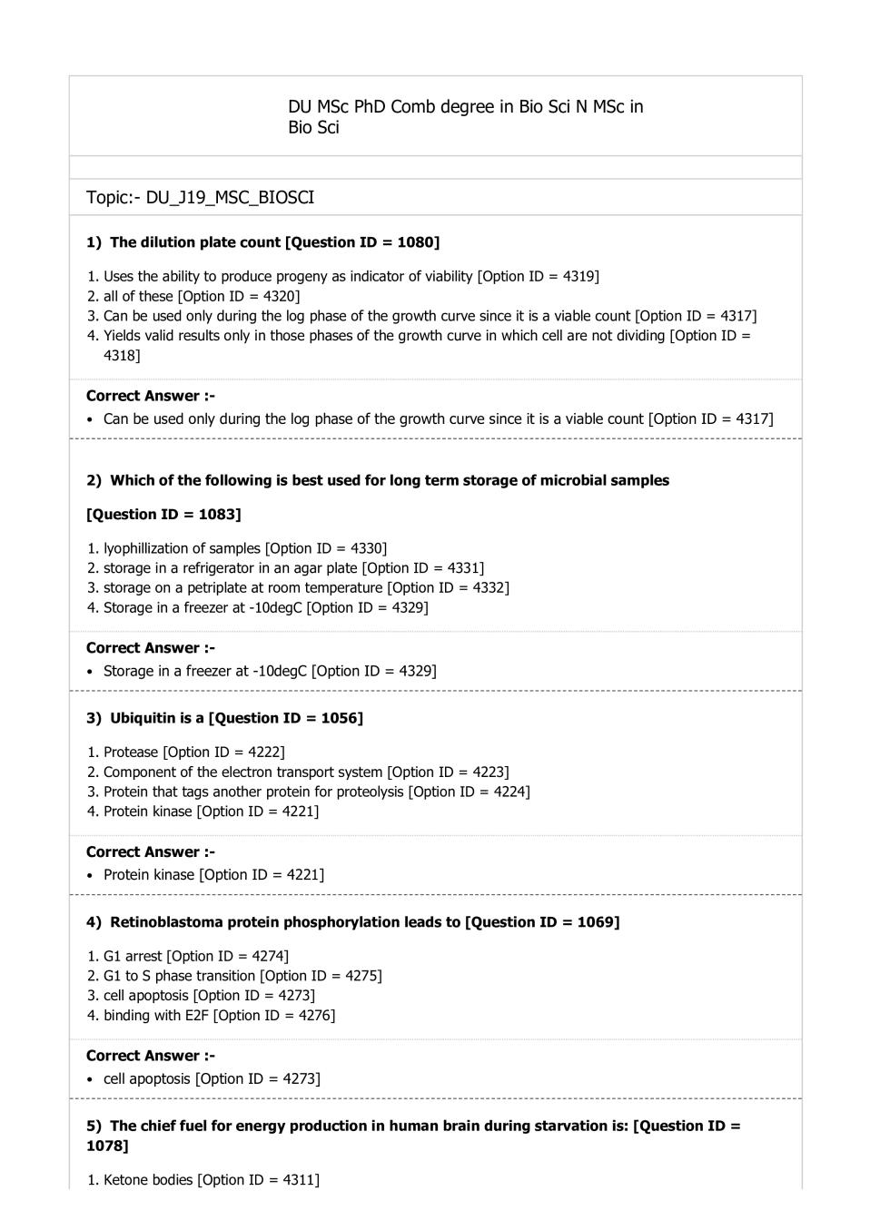 DUET Question Paper 2019 for M.Sc  Ph.D Combined Degree (Biomedical Research) - Page 1
