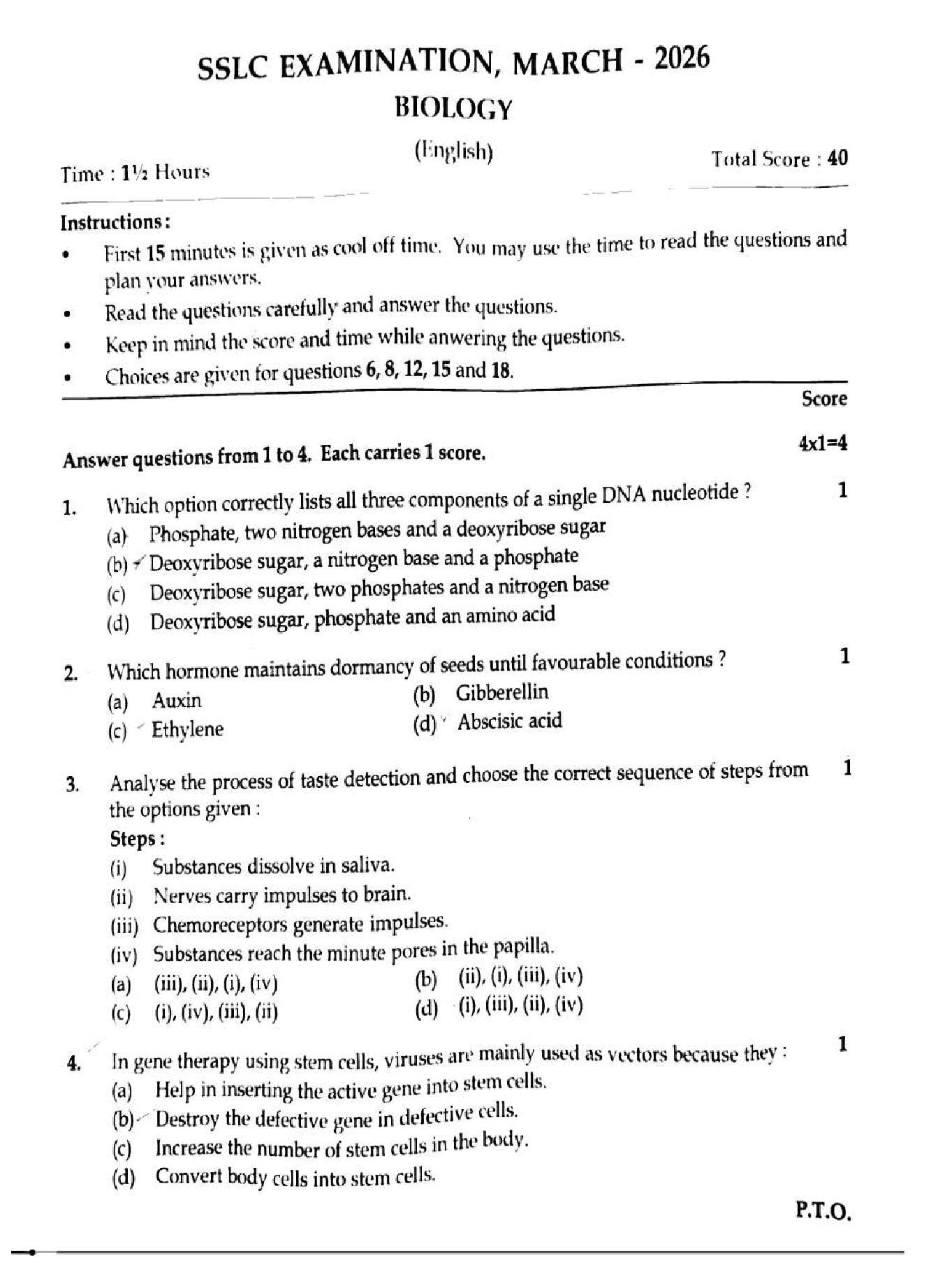 Kerala SSLC Biology Question Paper 2026 PDF – Download Previous Year Papers 2025, 2024