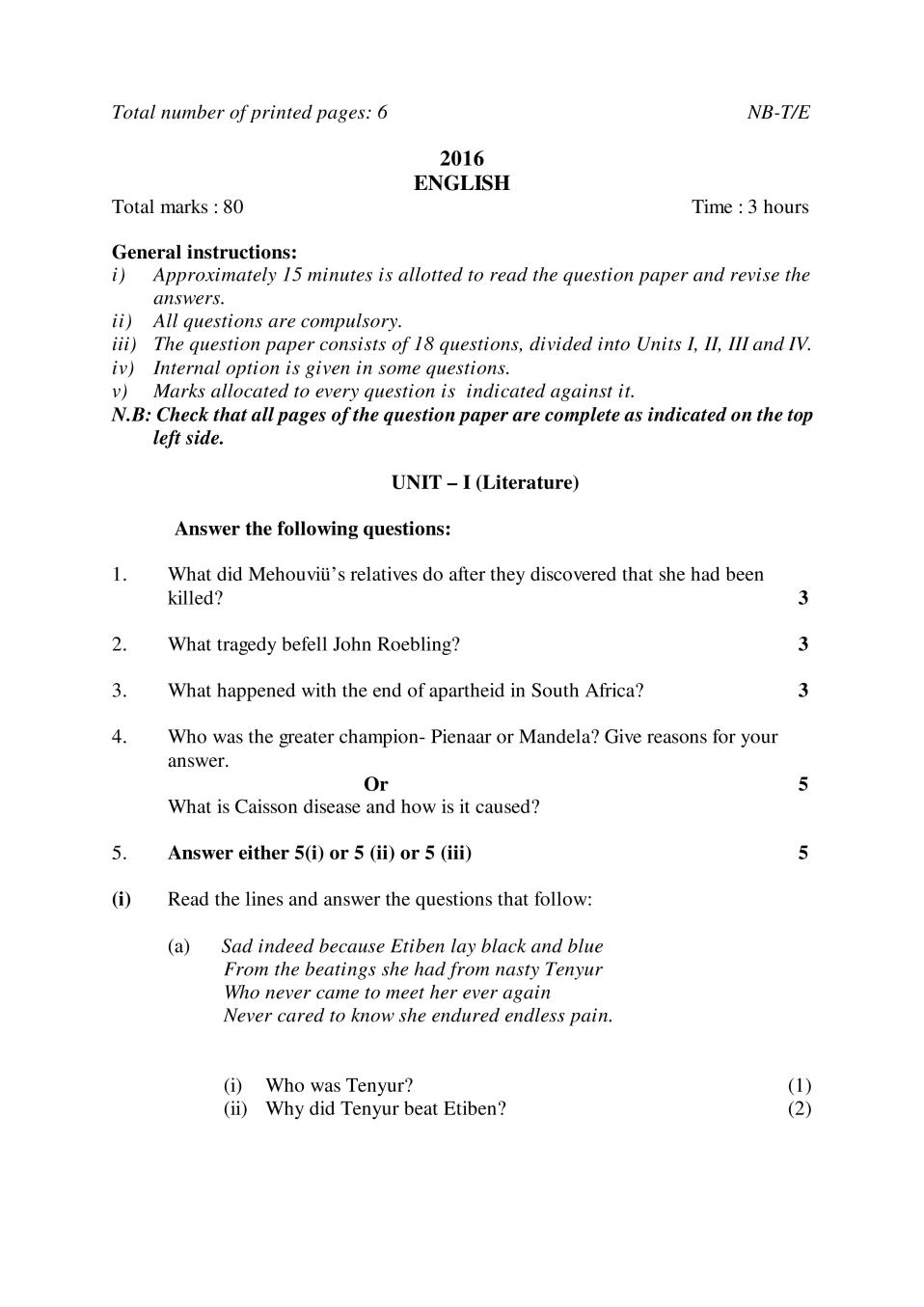 NBSE Class 10 Question Paper 2016 for English - Page 1