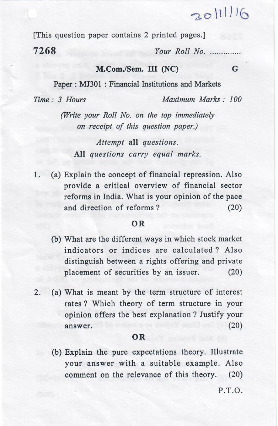 DU SOL M.Com Question Paper 2nd Year 2017 Sem 3 Financial Institutions And Markets - Page 1