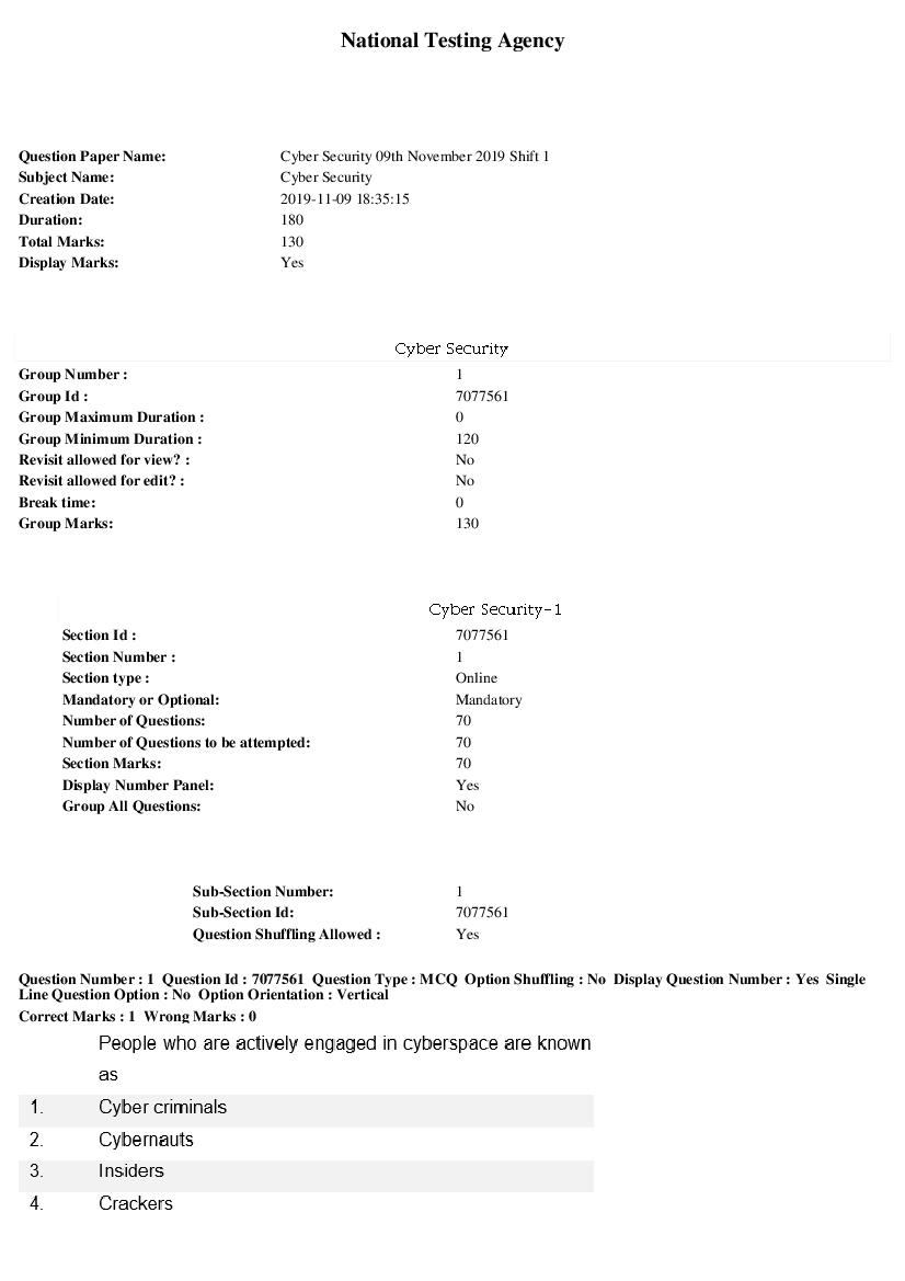 SWAYAM 2019 Question Paper Cyber Security Shift 1 - Page 1 of 33