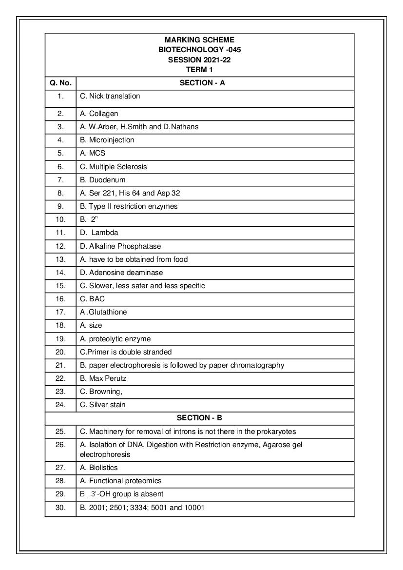 CBSE Class 12 Marking Scheme 2022 for Biotechnology - Page 1
