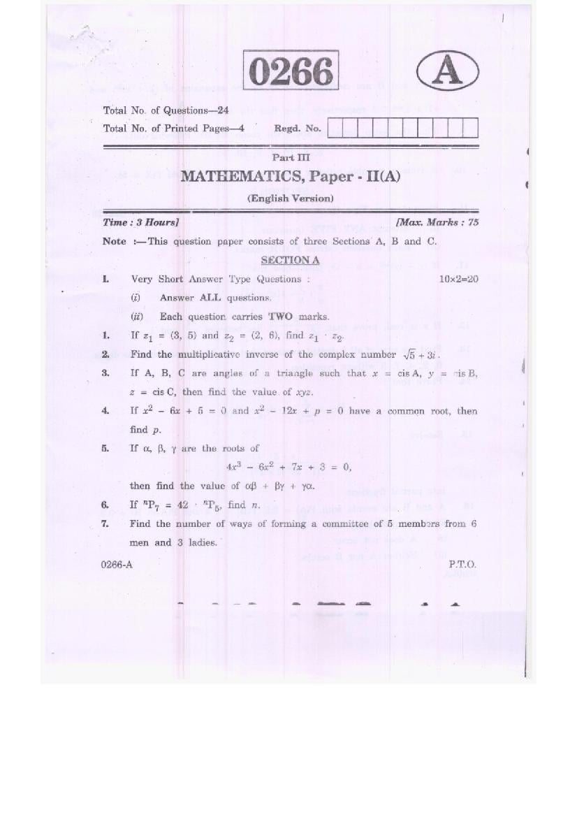 TS Inter 2nd Year Model Paper 2023 Maths A - Page 1
