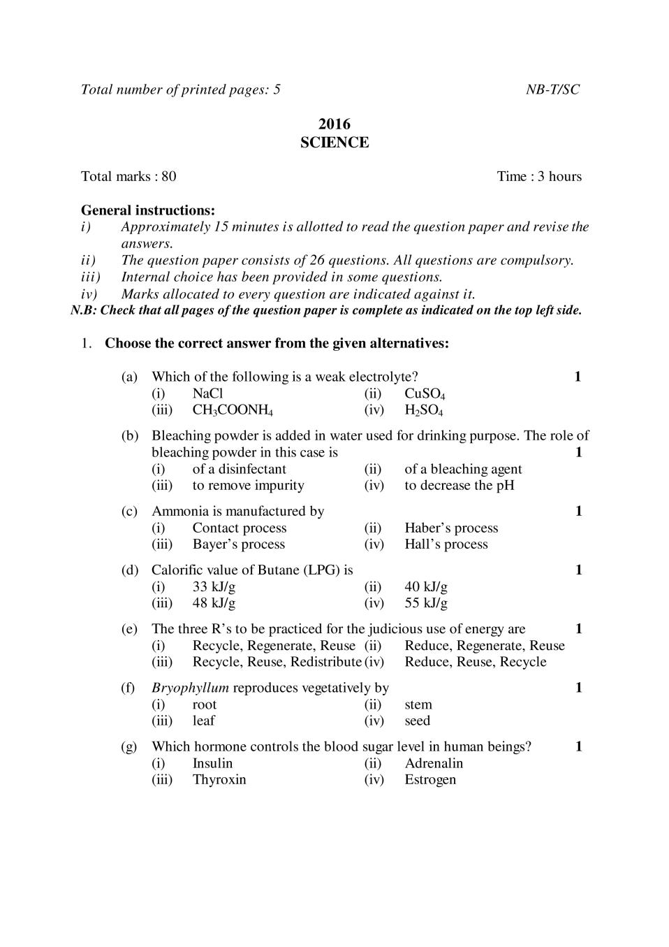 NBSE Class 10 Question Paper 2016 for Science - Page 1
