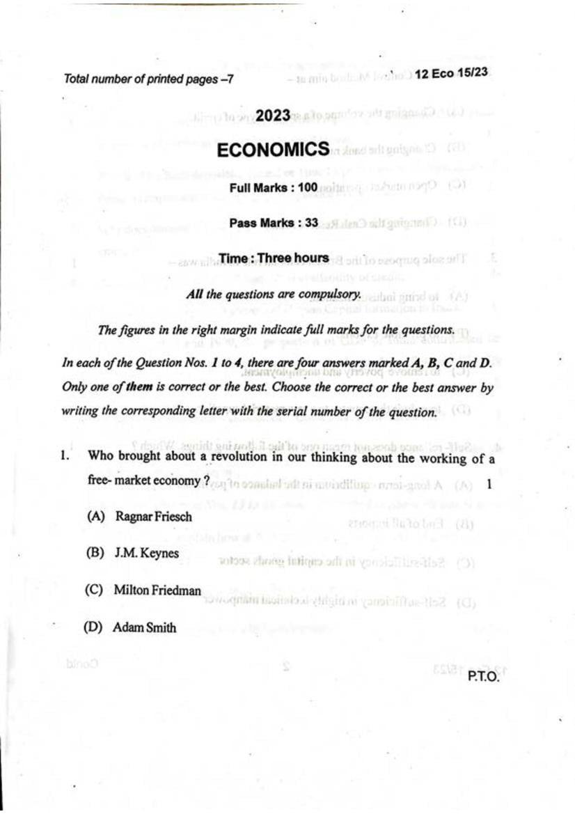 Manipur Board Class 12 Question Paper 2023 for Economics - Page 1