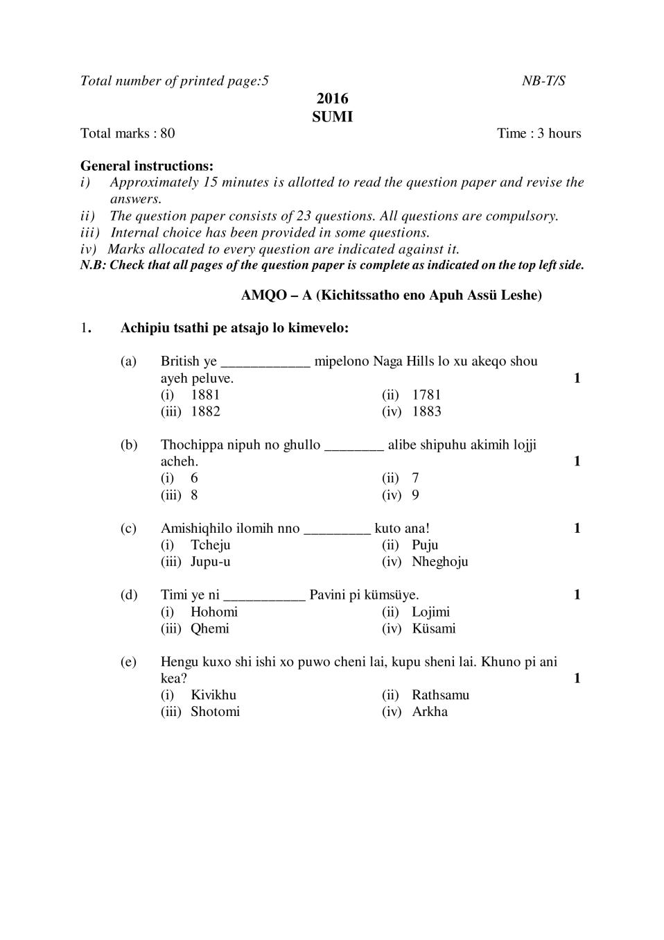 NBSE Class 10 Question Paper 2016 for Sumi - Page 1
