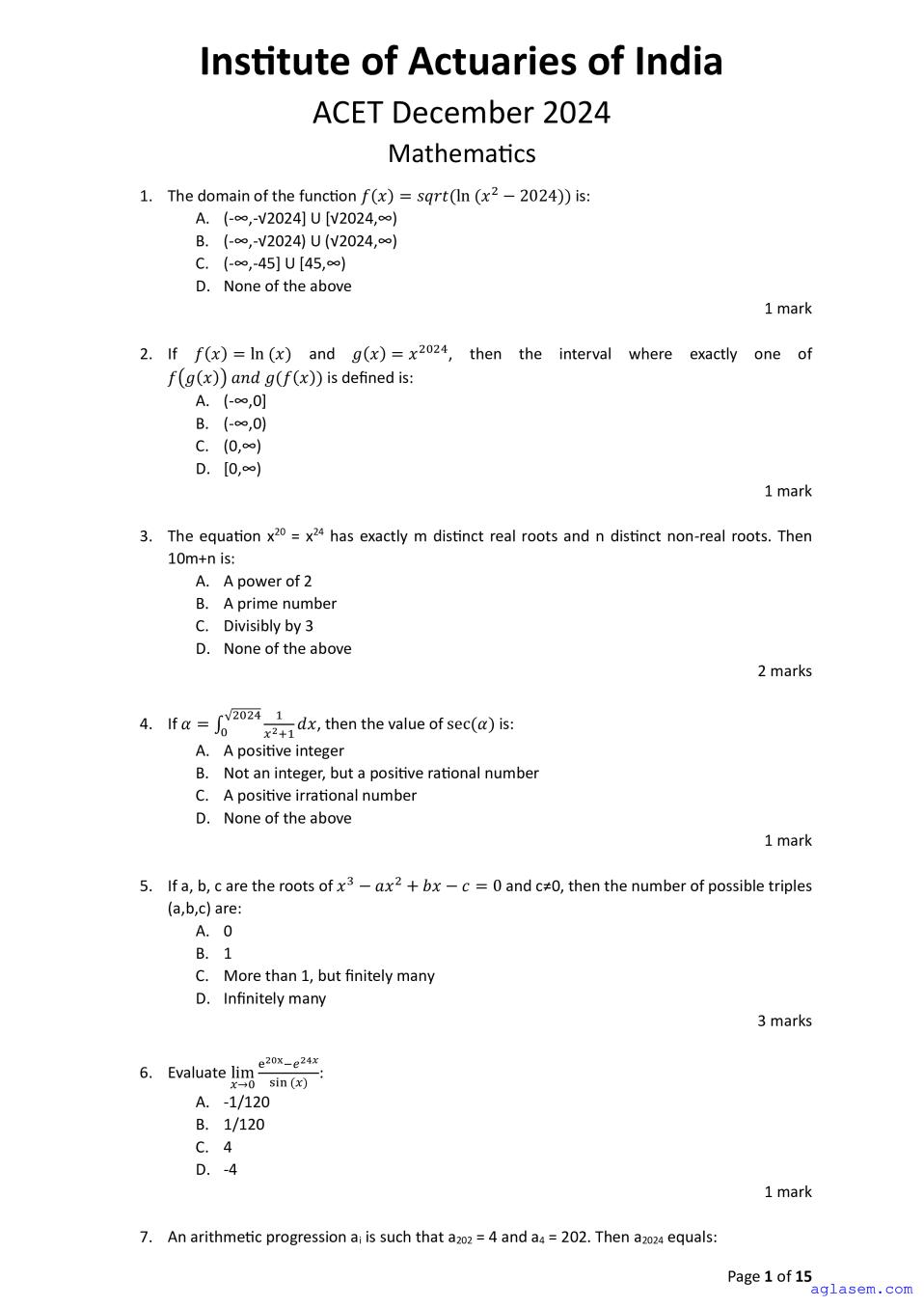 ACET Dec 2024 Question Paper - Page 1 of 15