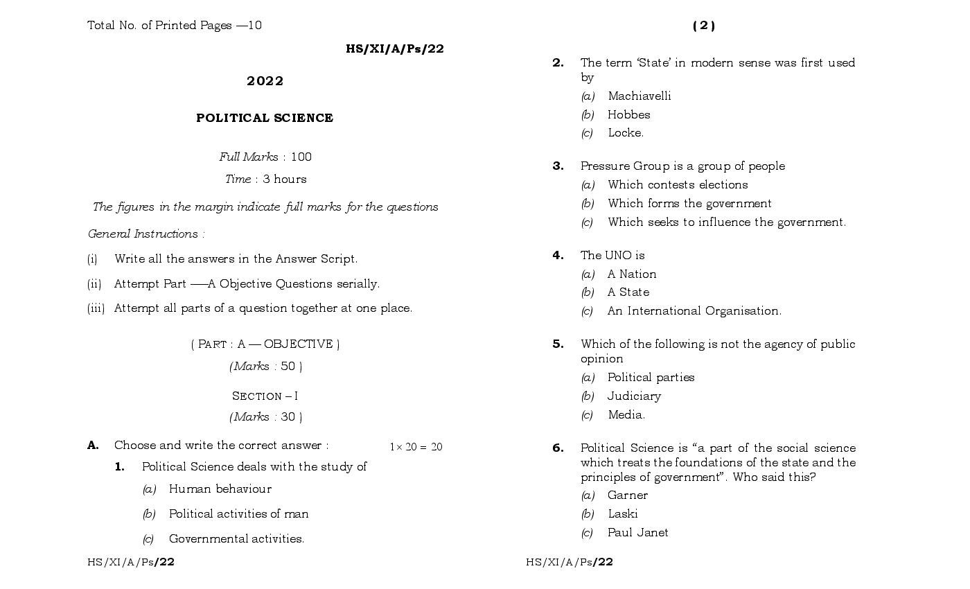 MBOSE Class 11 Question Paper 2022 for Political Science - Page 1