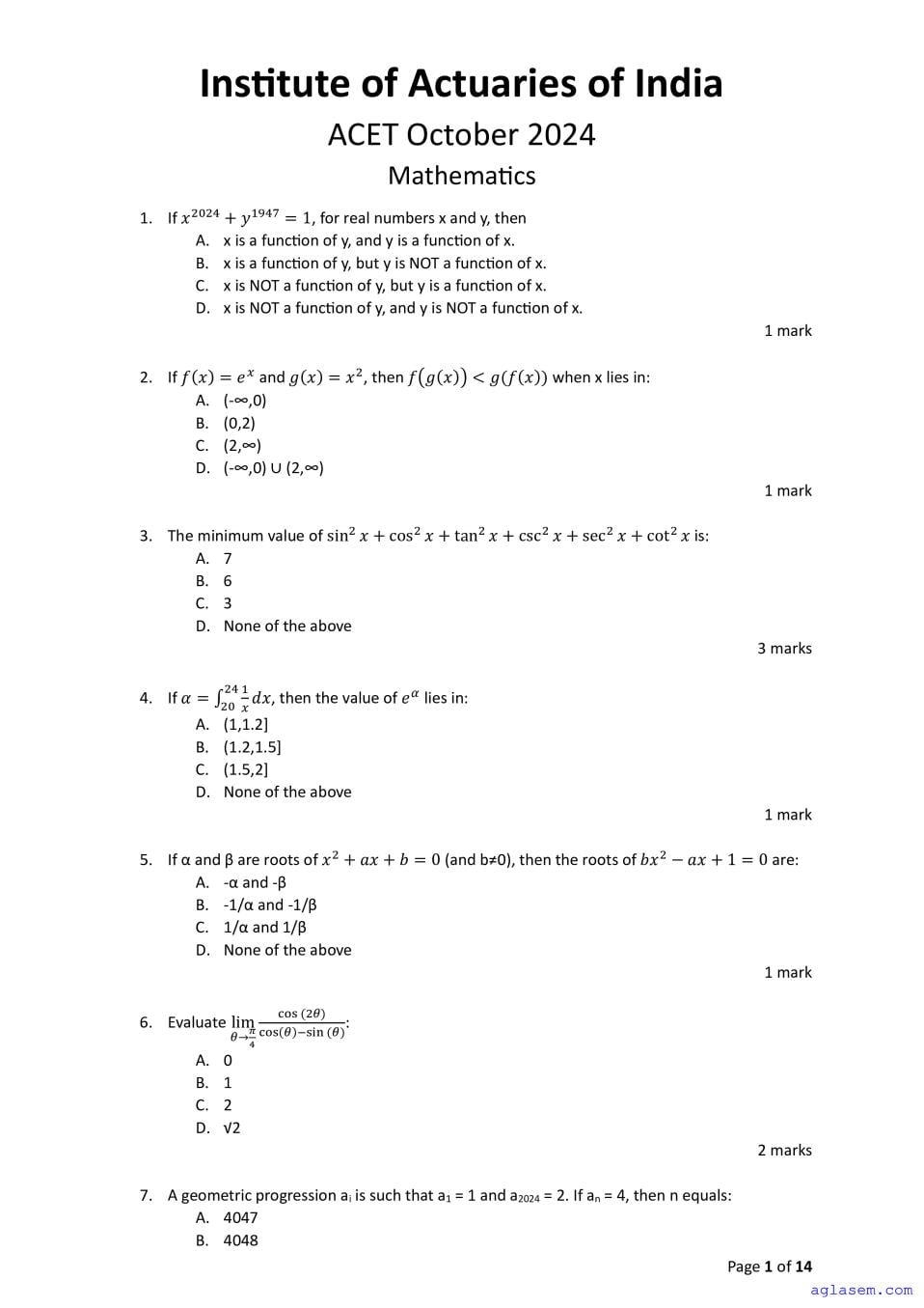 ACET Oct 2024 Question Paper - Page 1 of 14