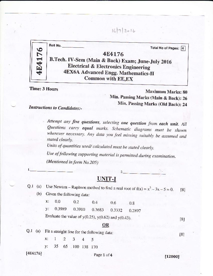 RTU 2016 Question Paper Semester IV Electrical and Electronics Engineering Advanced Engineering Mathematics II - Page 1