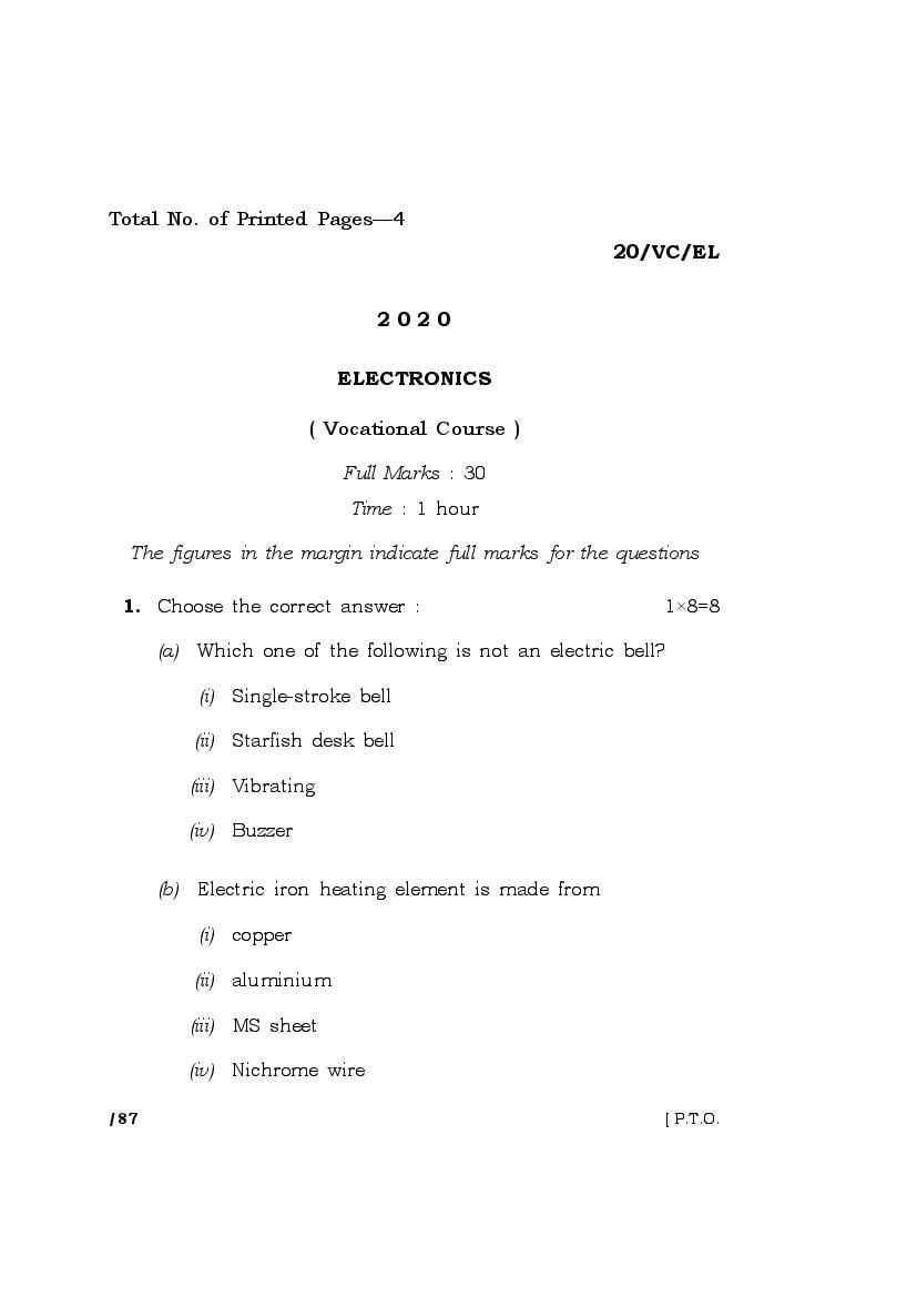 MBOSE Class 10 Question Paper 2020 for Electronics - Page 1