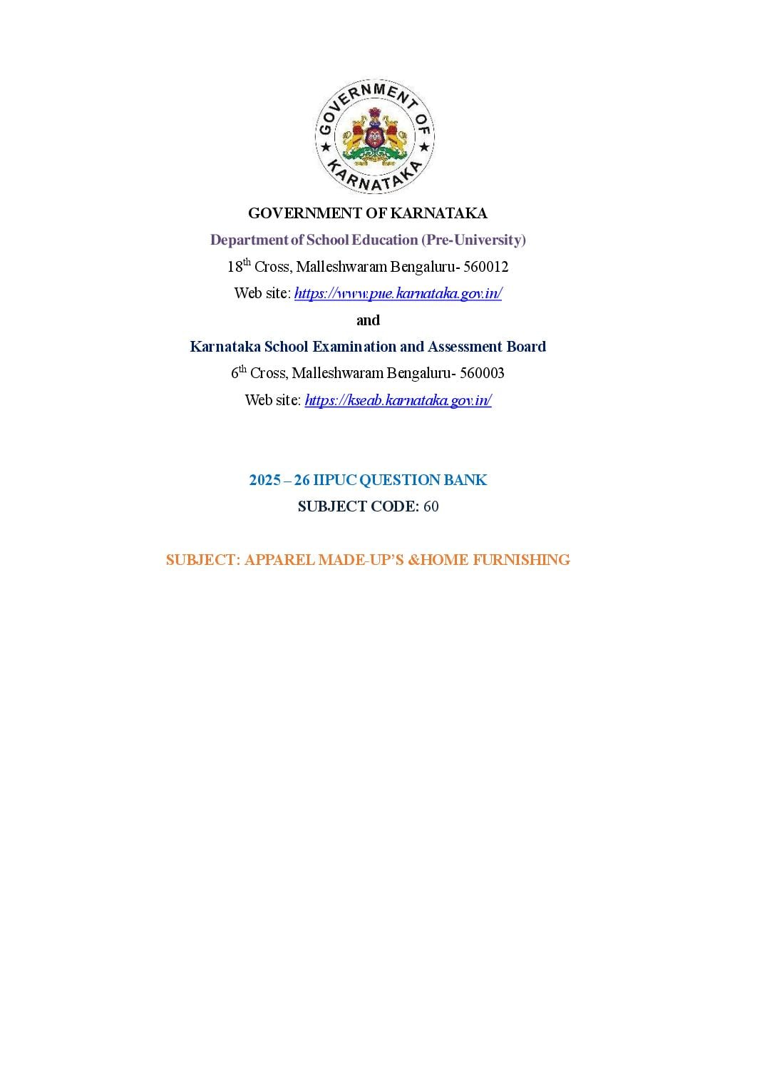 Karnataka 2nd PUC Question Bank 2026 Apparel Made-ups and Home Furnishing - Page 1 of 46