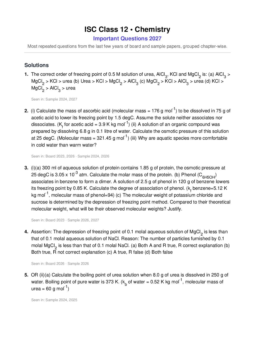 ISC Class 12 Important Questions 2027 Chemistry - Page 1 of 11