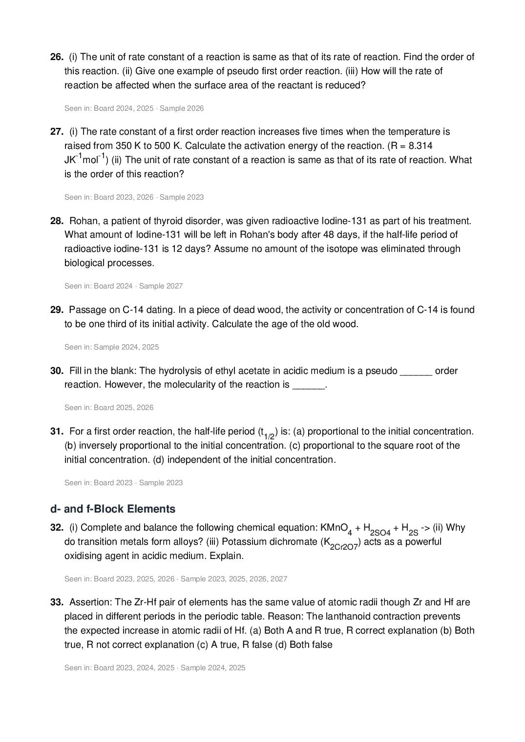 ISC Class 12 Chemistry Important Questions 2027 (PDF)