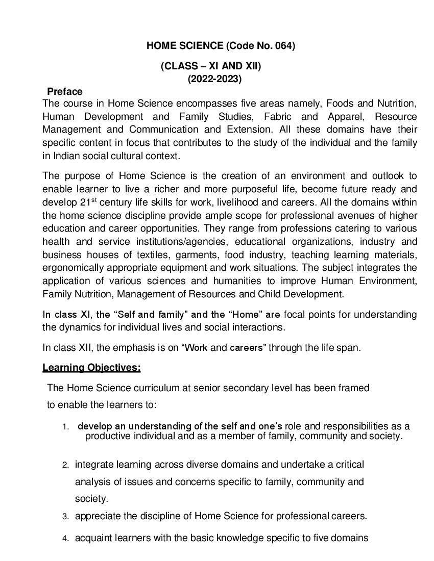CBSE Class 11 Syllabus 2022-23 Home Science - Page 1