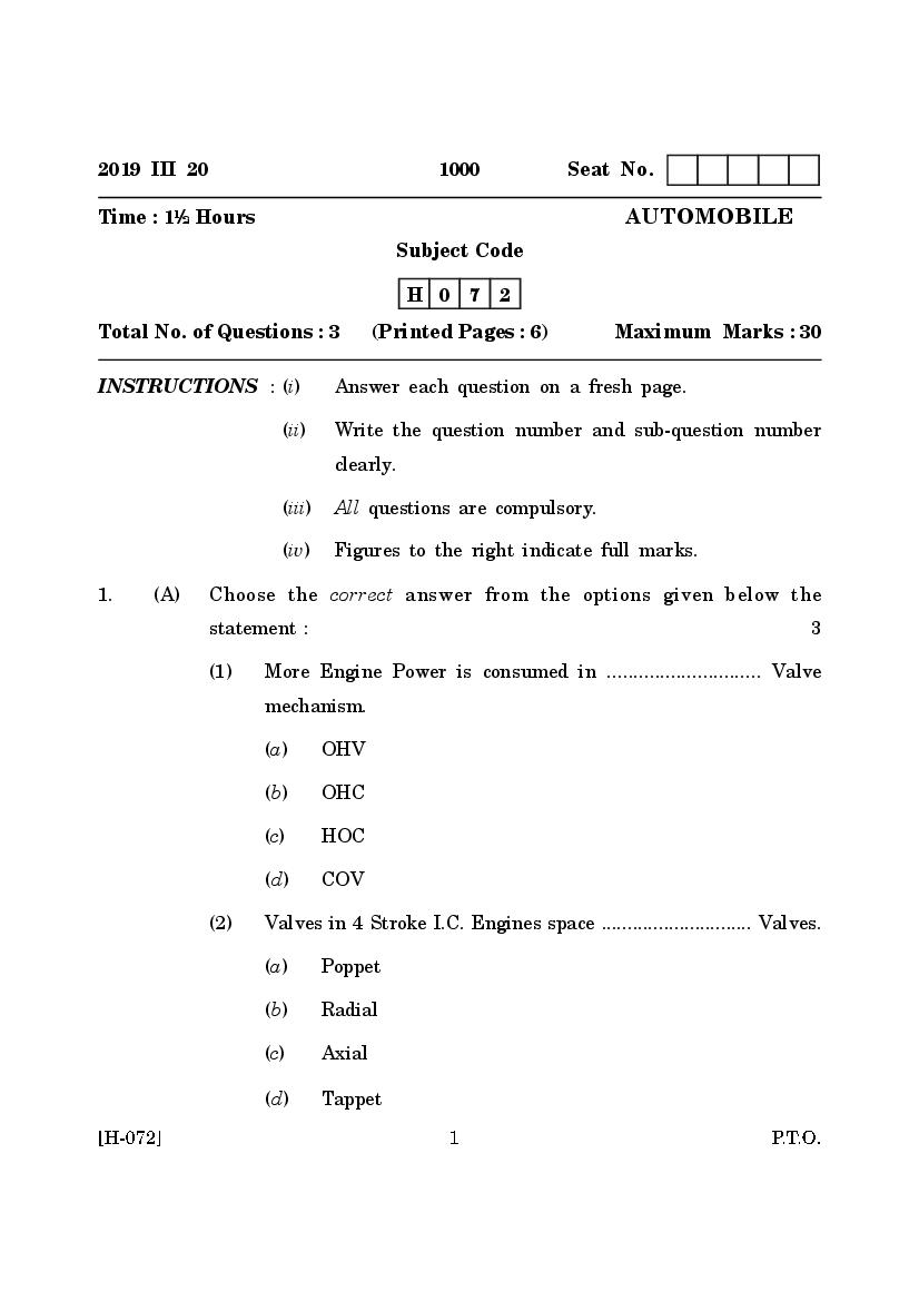 Goa Board Class 12 Question Paper Mar 2019 Automobile - Page 1