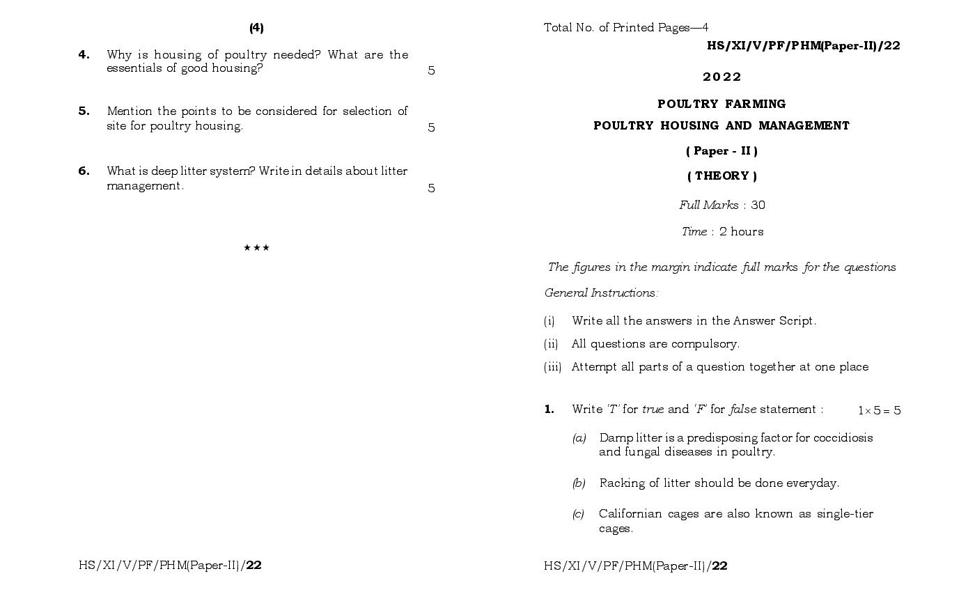 MBOSE Class 11 Question Paper 2022 for Poultry Housing and Management - Page 1