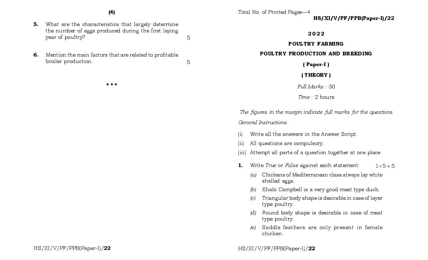 MBOSE Class 11 Question Paper 2022 for Poultry Production And Breeding - Page 1