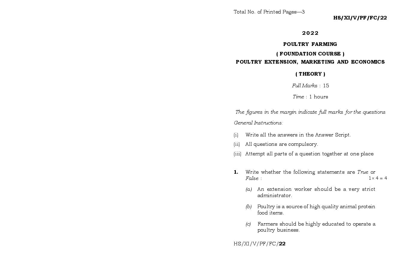 MBOSE Class 11 Question Paper 2022 for Poultry Farming - Page 1