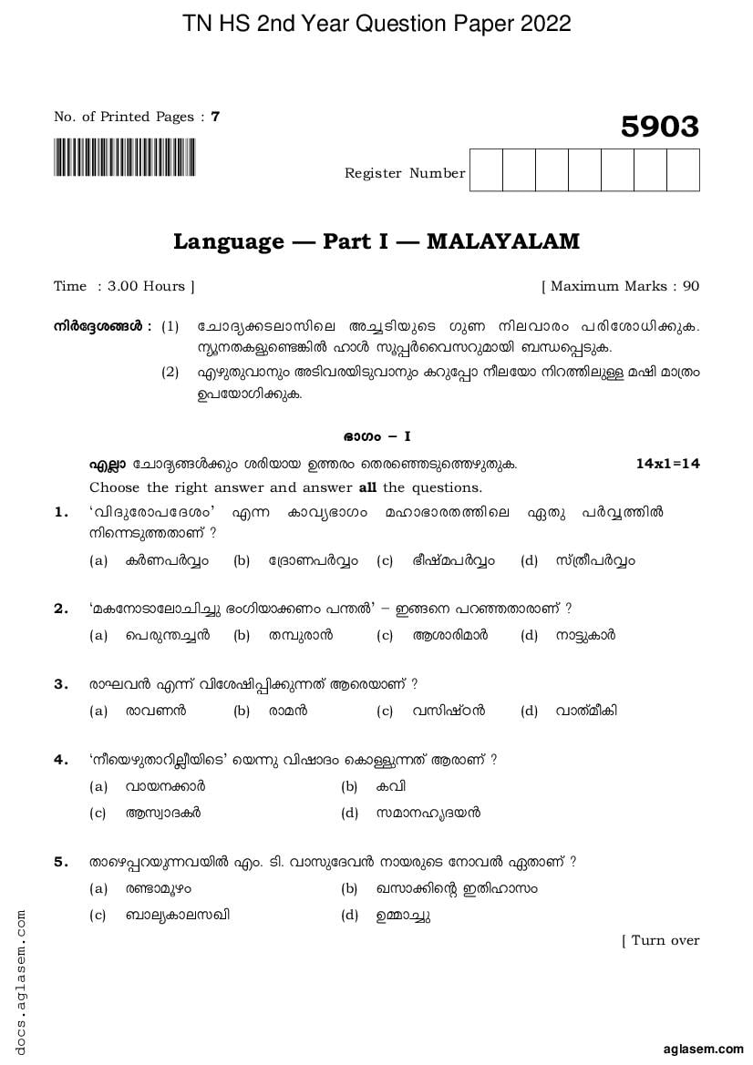 TN 12th Question Paper 2022 Malayalam - Page 1