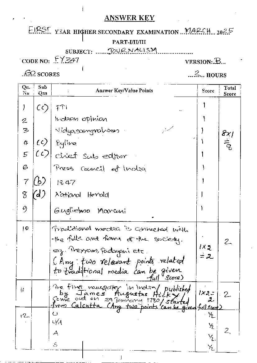 Kerala Plus One Answer Key 2025 Journalism - Page 1