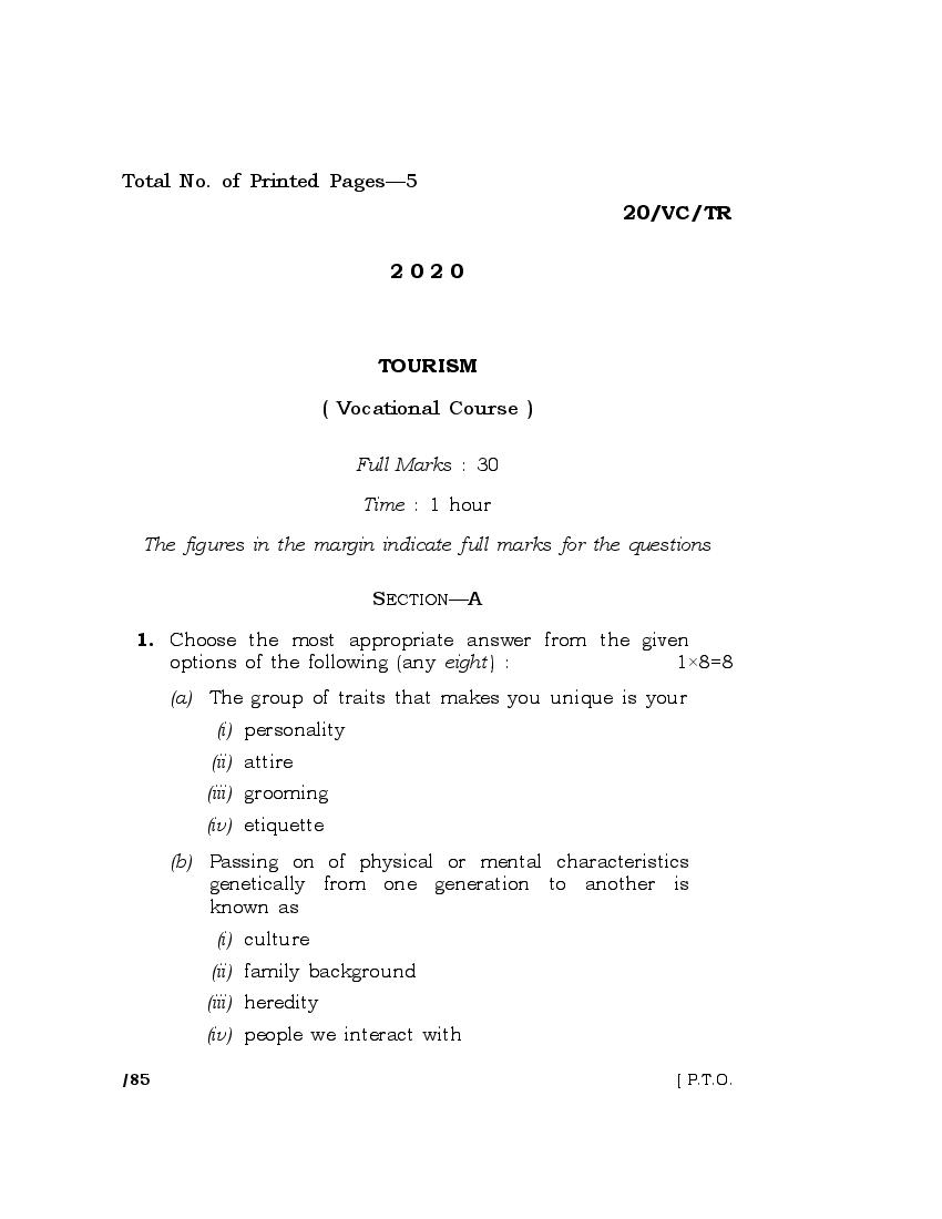 MBOSE Class 10 Question Paper 2020 for Tourism - Page 1