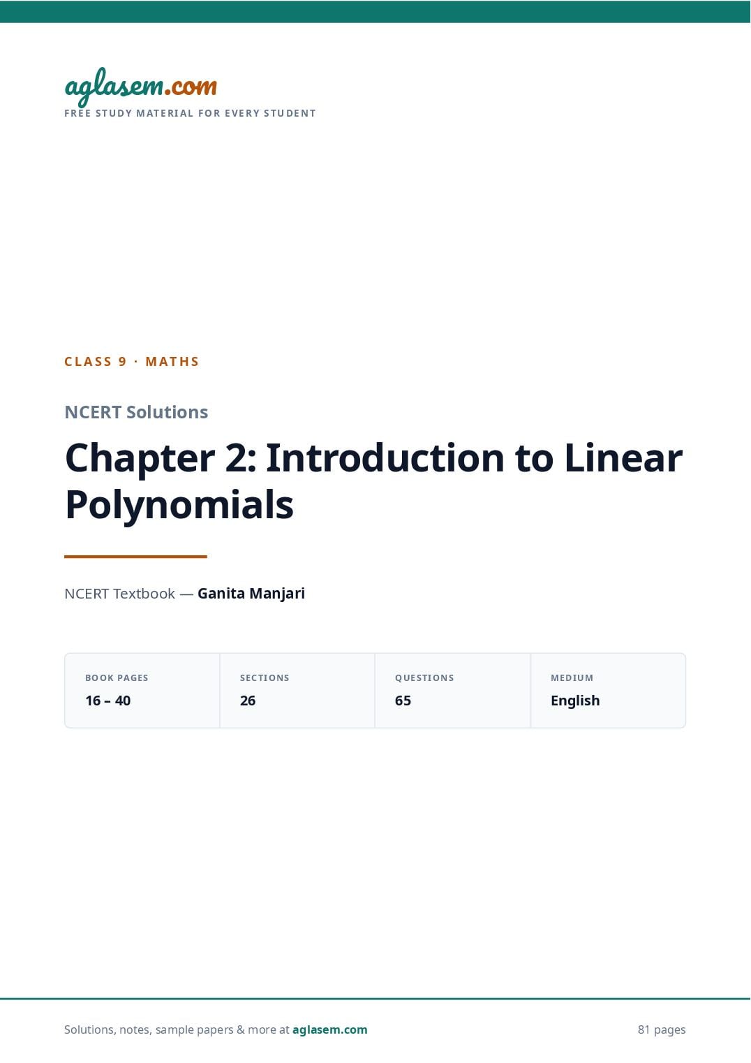NCERT Solutions Class 9 Maths Chapter 2 Introduction to Linear Polynomials - Page 1 of 82