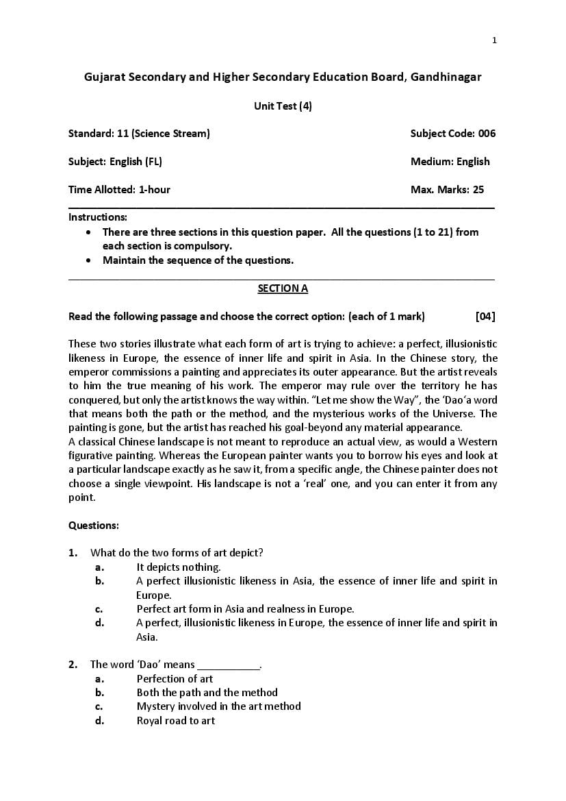 GSEB Std 11 Science Question Paper 2020 English FL (English Medium) - Page 1