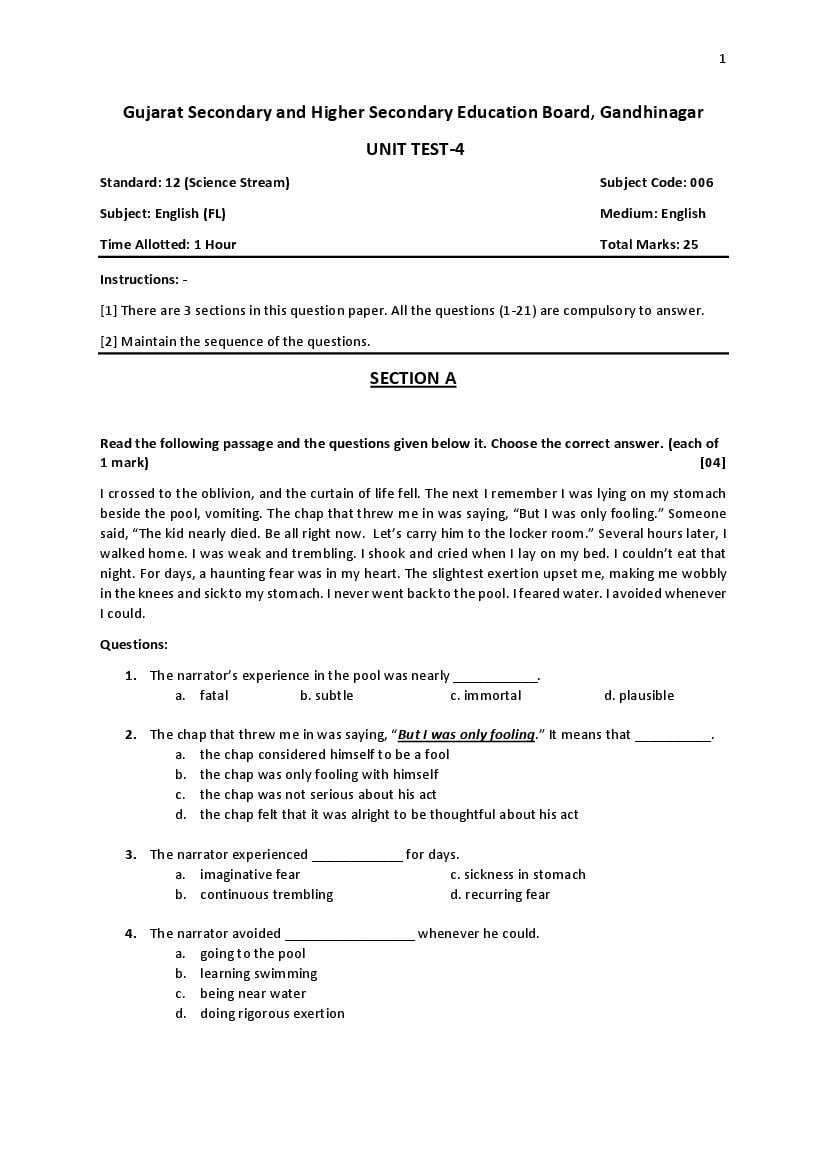 GSEB Std 11 Science English FL (English Medium) Question Paper 2020 (PDF)