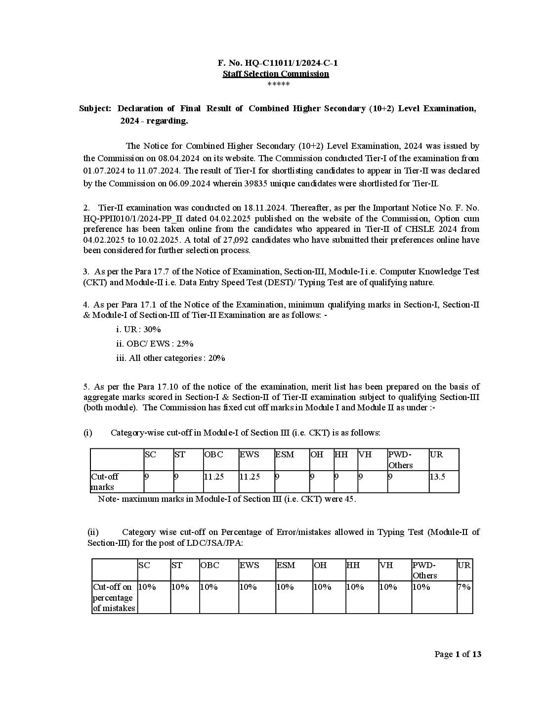 SSC CHSL 2024 Cut Off Final Result - Page 1 of 13