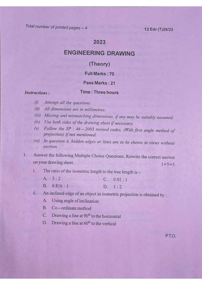 Manipur Board Class 12 Question Paper 2023 for Engineering Drawing - Page 1
