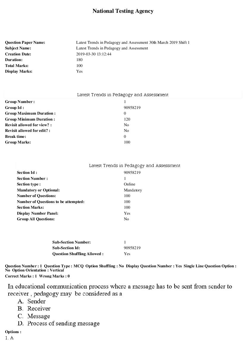 ARPIT 2019 Question Paper for Latest Trends in Pedagogy and Assessment Shift 1 - Page 1 of 34