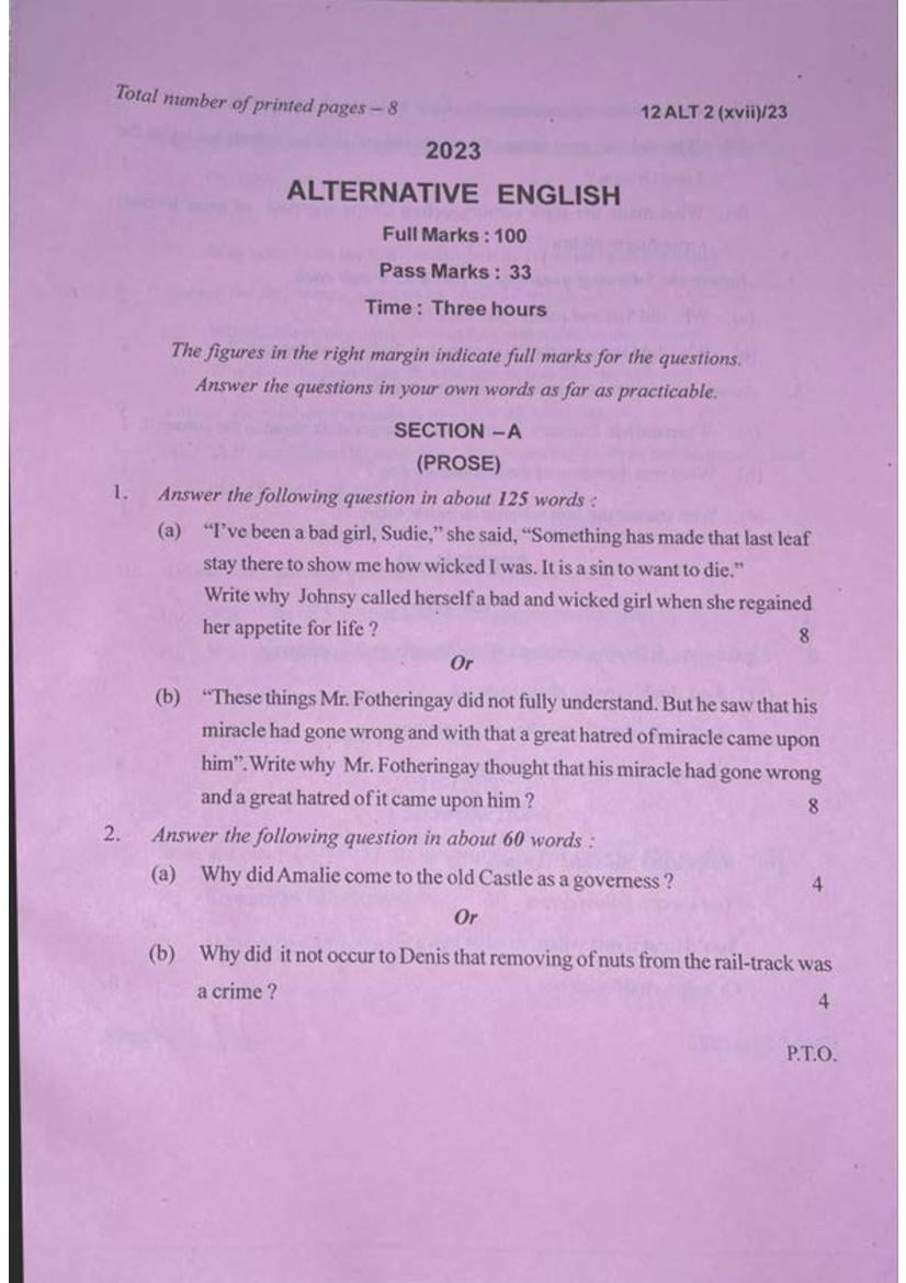 Manipur Board Class 12 Question Paper 2023 for English Alternative - Page 1