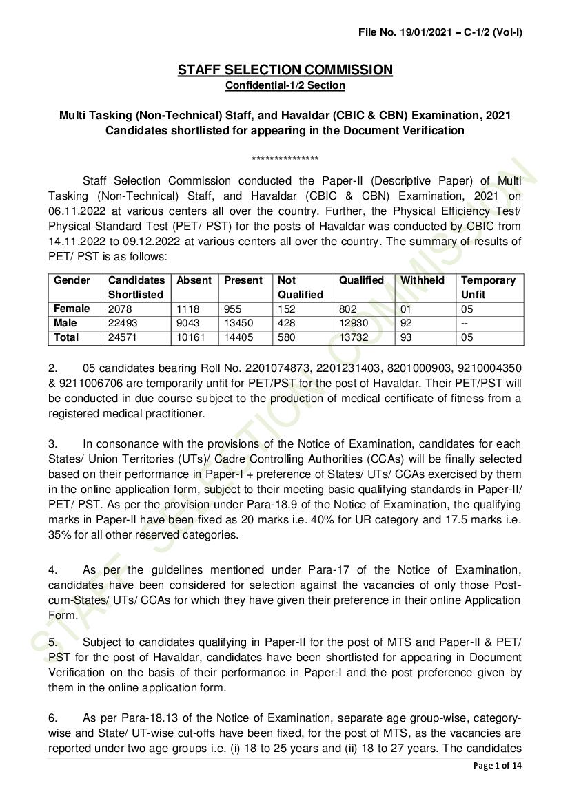 SSC MTS 2021 Cut Off Paper 2 - Page 1