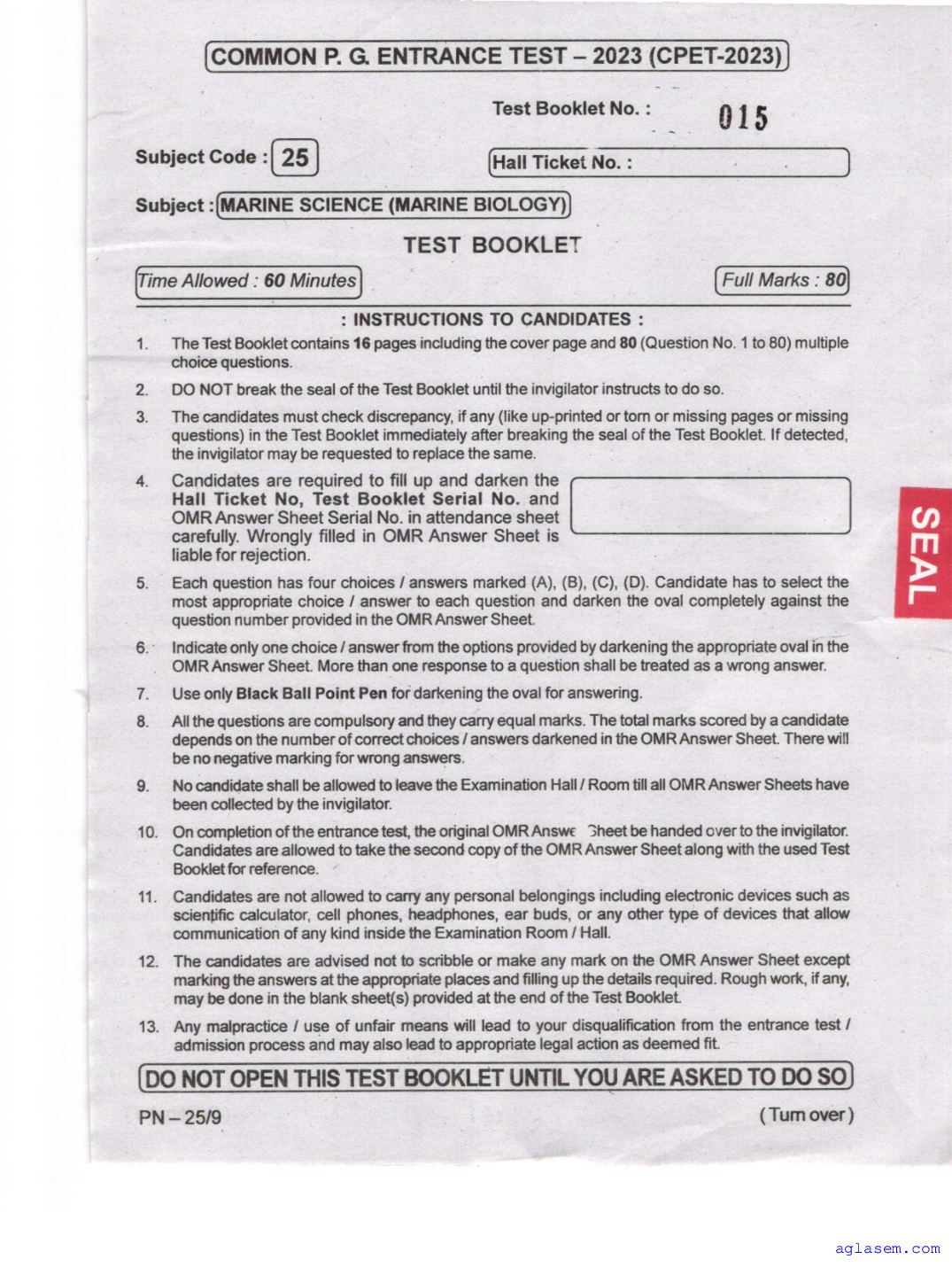 Odisha CPET 2023 Question Paper Marine Science Marine Biology - Page 1 of 16
