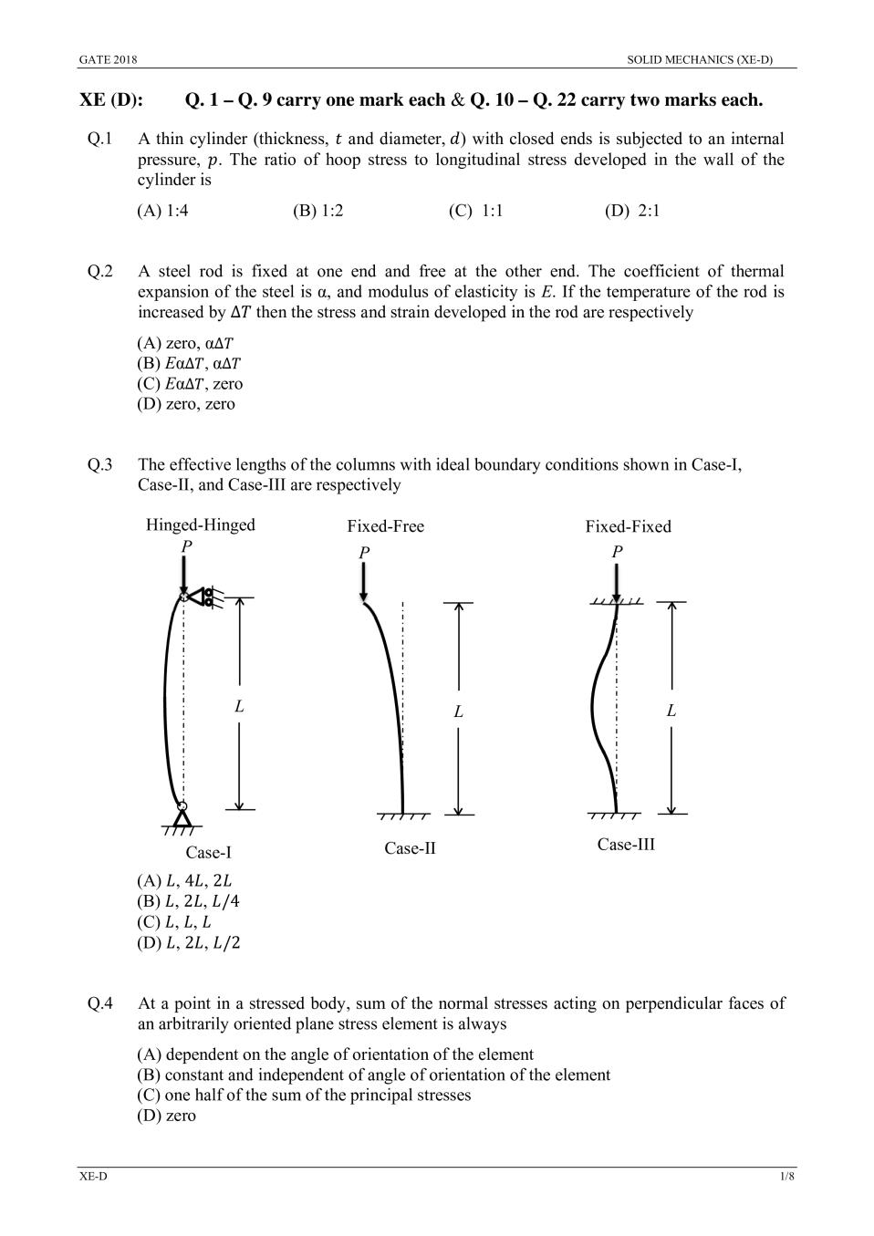 GATE 2018 SOLID MECHANICS (XE-D) Question Paper with Answer - Page 1