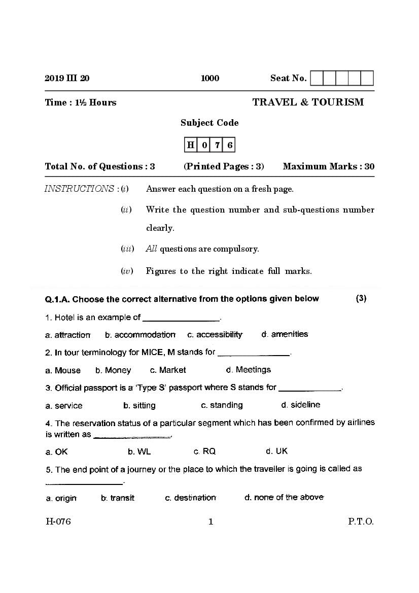 Goa Board Class 12 Question Paper Mar 2019 Travel and Tourism - Page 1