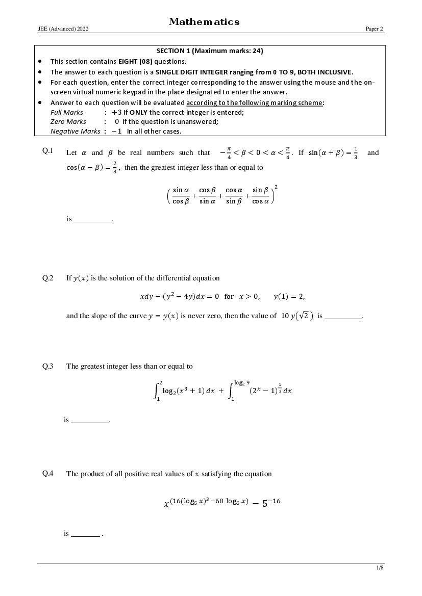 JEE Advanced 2022 Question Paper 2 - Page 1