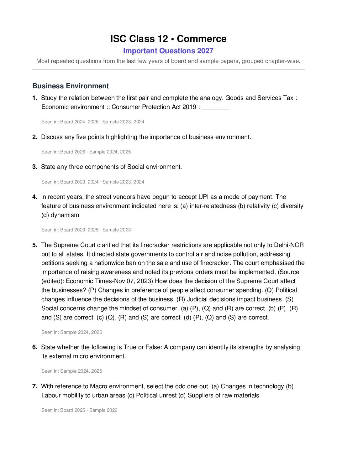 ISC Class 12 Important Questions 2027 Commerce - Page 1 of 12
