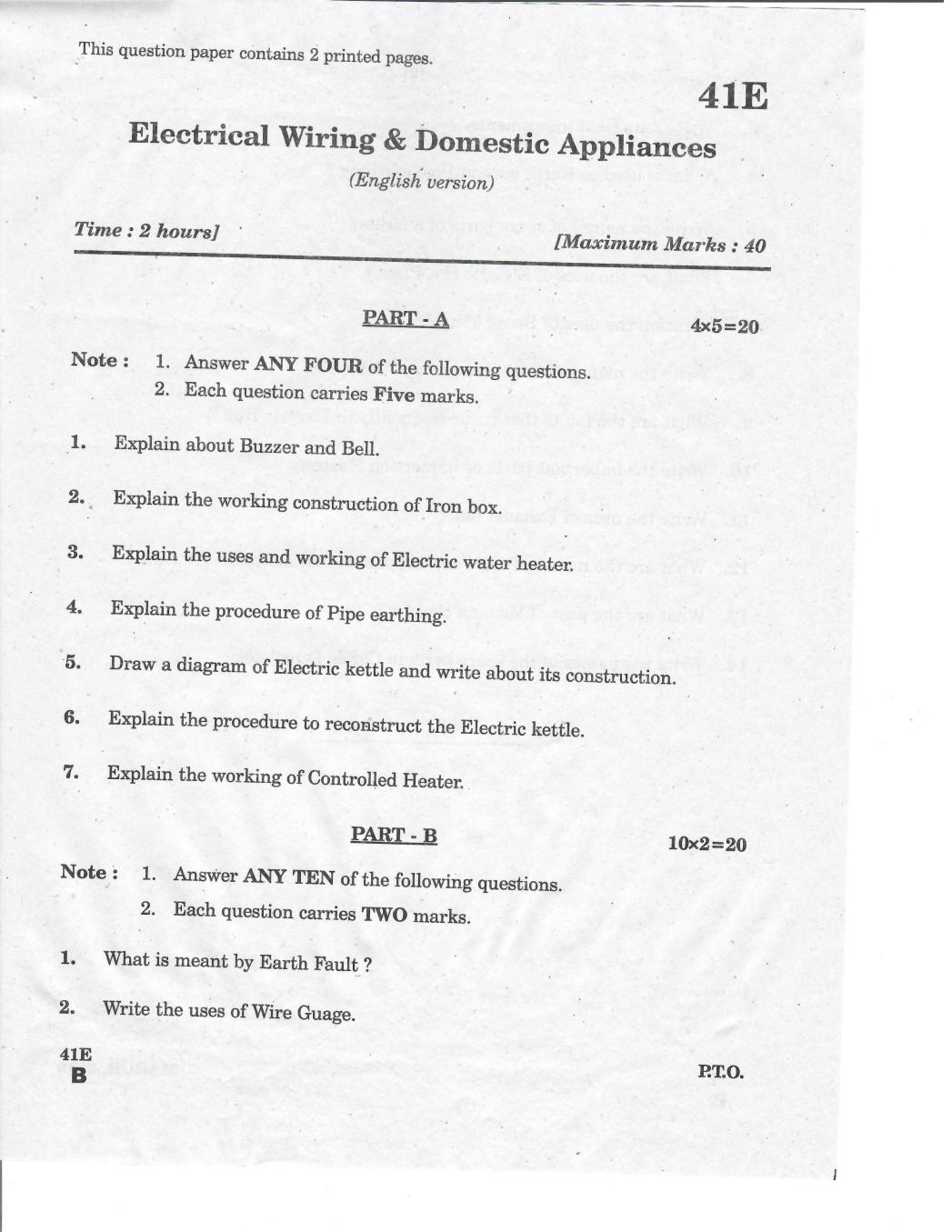 AP 10th Class Question Paper 2019 House Wiring And Domestic Electrical Appliance (English Medium) - Page 1