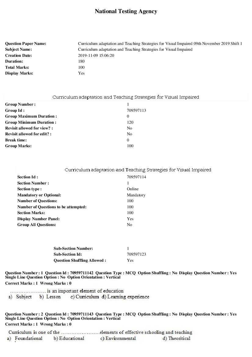 SWAYAM 2019 Question Paper Curriculum adaptation and Teaching Strategies for Visual Impaired - Page 1 of 14