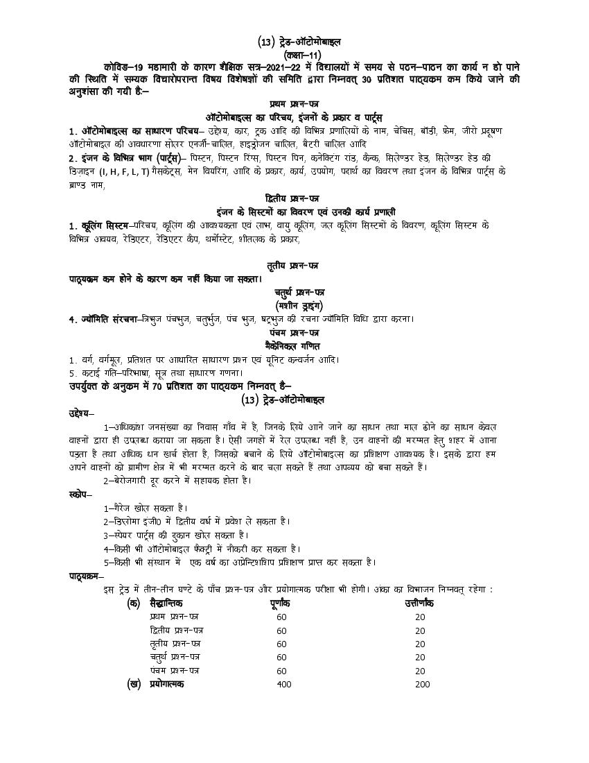 UP Board Class 11 Syllabus 2022 Trade Automobile - Page 1
