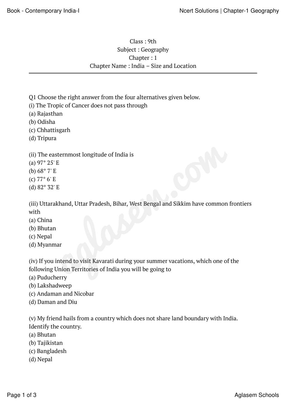 NCERT Solutions For Class 9 Social Science Geography Chapter 1 India 