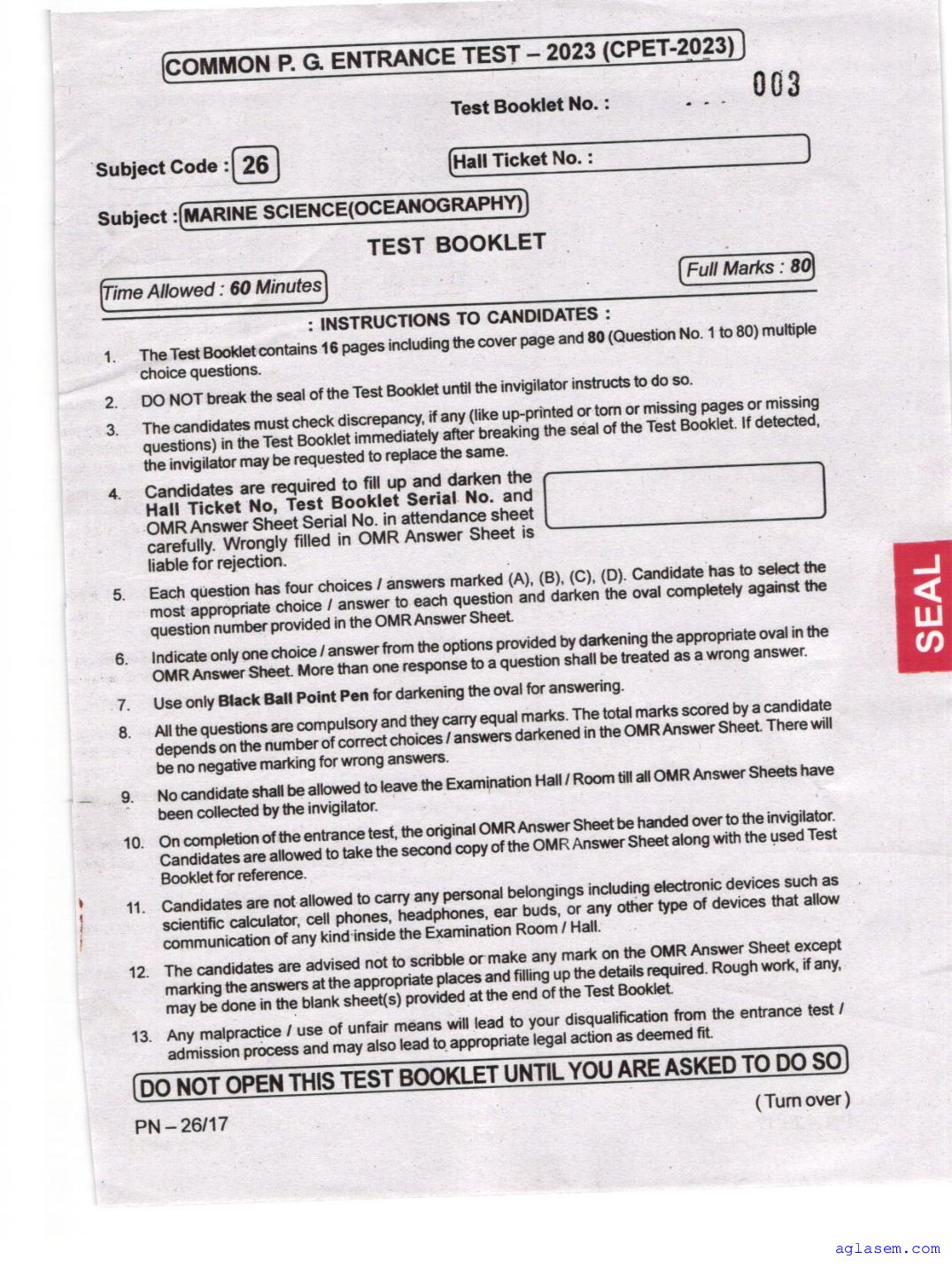 Odisha CPET 2023 Question Paper Marine Science Oceanography - Page 1 of 16