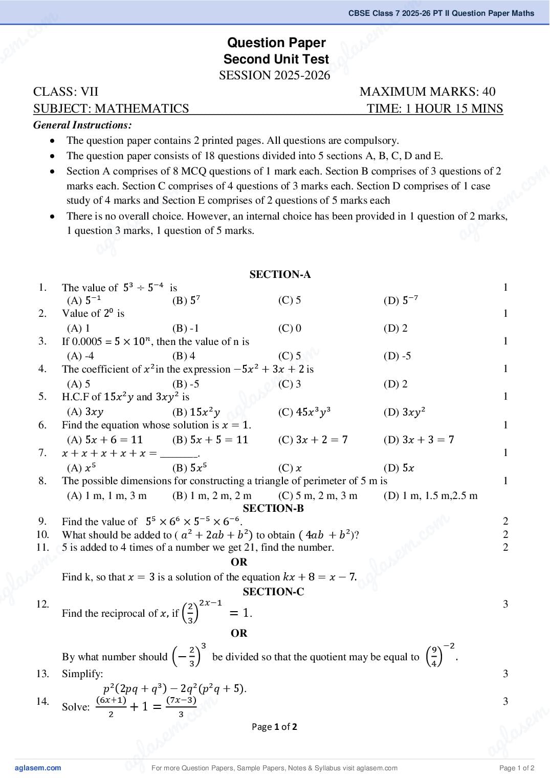 Class 7 Maths Periodic Test 2 (PT 2) Question Paper 2026 PDF – Download Unit Test PYQP 2025, 2024