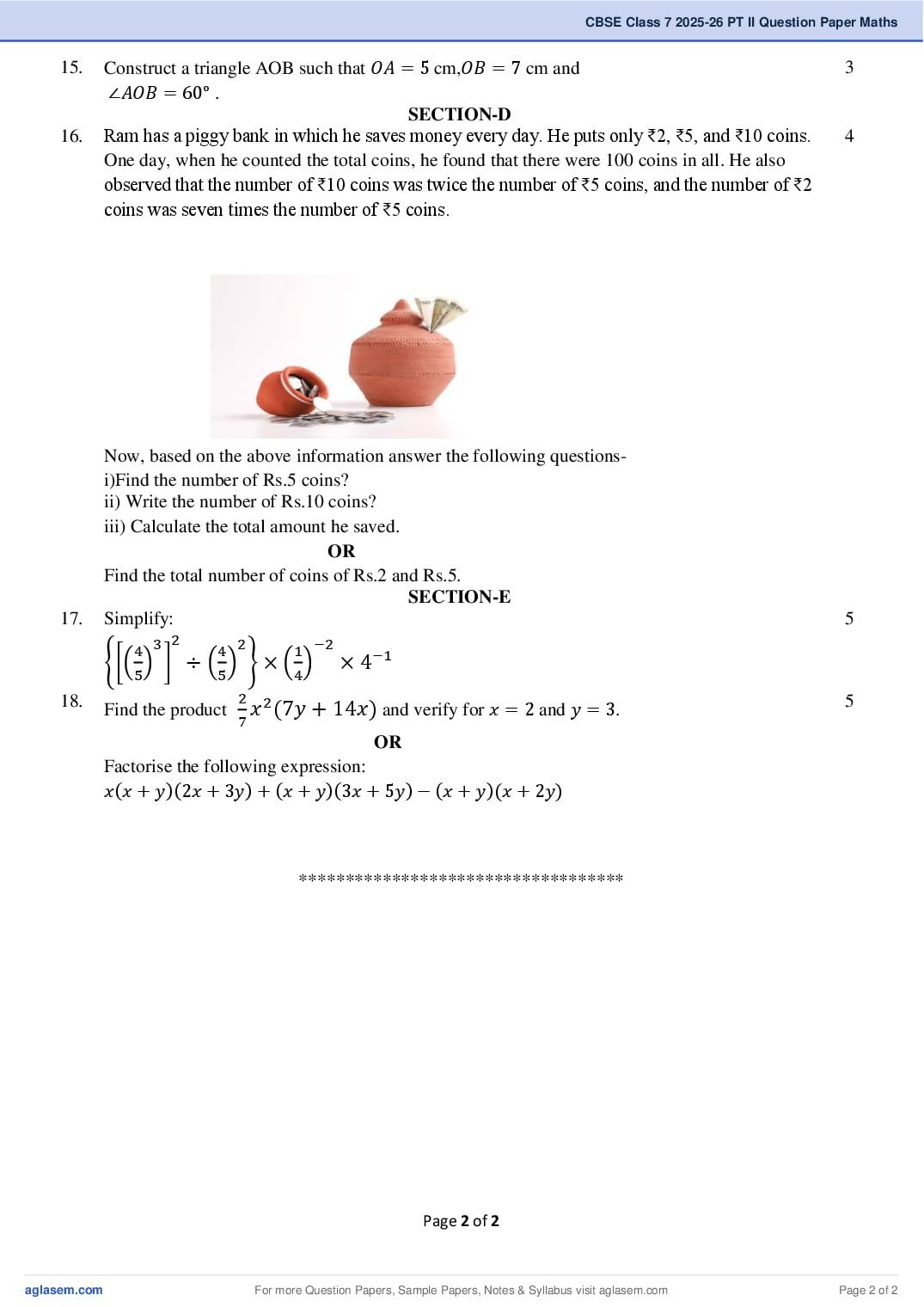 Class 7 Maths Periodic Test 2 (PT 2) Question Paper 2026 PDF – Download Unit Test PYQP 2025, 2024