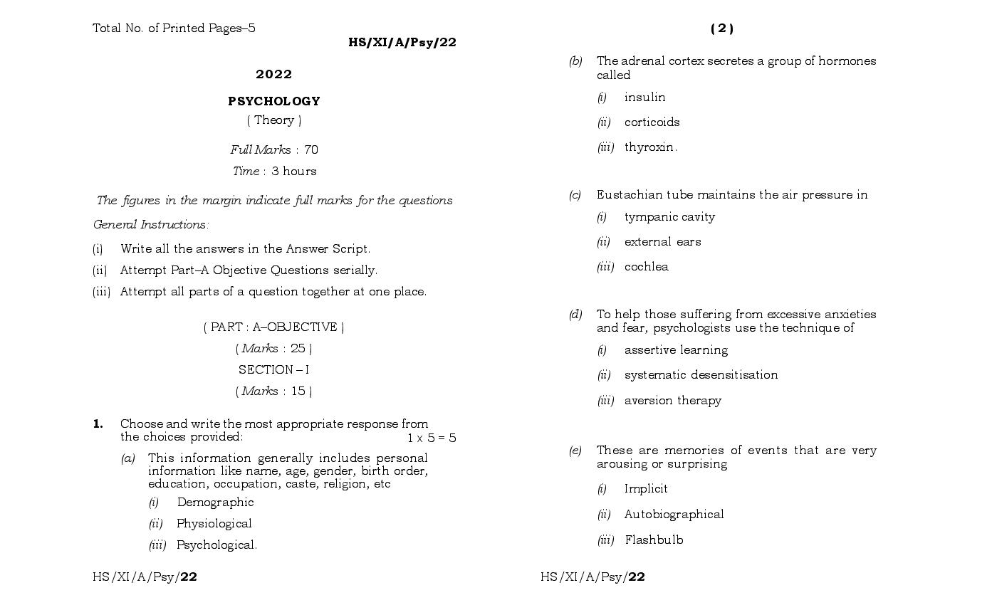 MBOSE Class 11 Question Paper 2022 for Psychology - Page 1