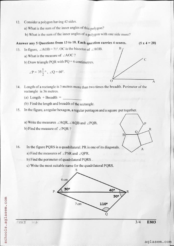 Class 8 Maths Onam Exam Question Paper 2023 (PDF) - Kerala Std 8 First ...