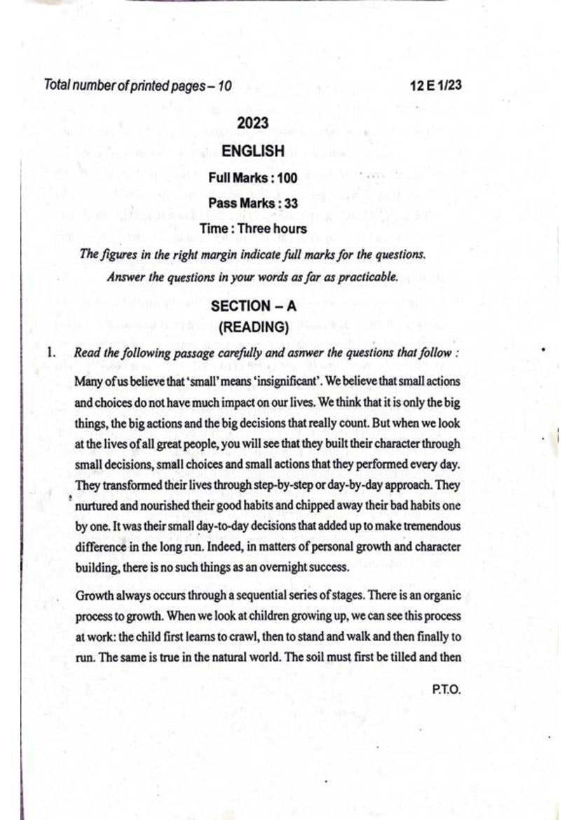 Manipur Board Class 12 Question Paper 2023 for English - Page 1